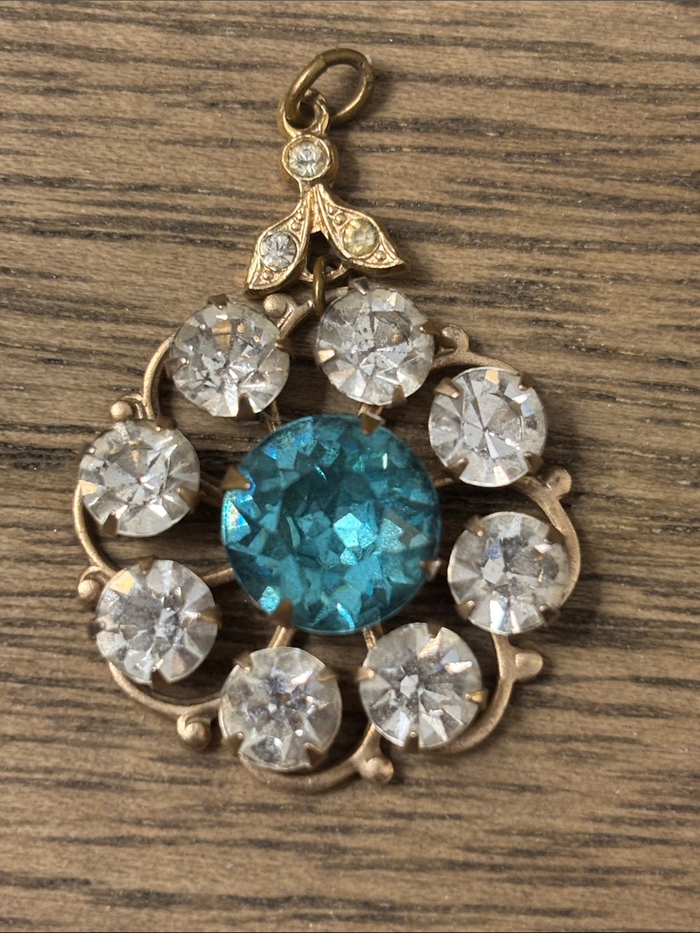 Vintage Gold-Tone Pendant with Teal Center and Clear Crystals!